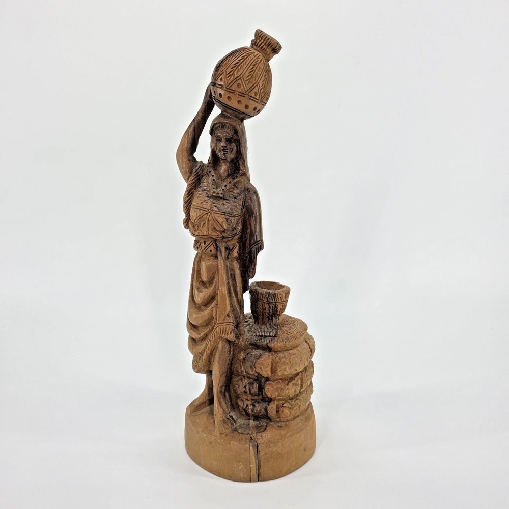 Vintage Hand Carved Wood Woman Figurine Water Carrier Tribal Folk Art Statue 11"